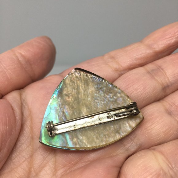 Vintage Triangular Abalone Shell Resin Coated Pin Brooch - Picture 10 of 13